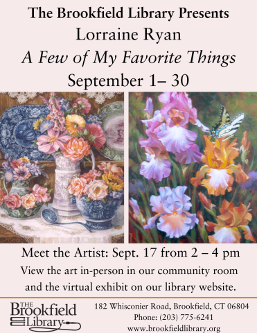 Flyer for Lorraine Ryan's exhibition a Few of My Favorite Things on view September 1-30. Meet the artist on Saturday, September 17 from 2-4 pm. The flyer includes images of her 