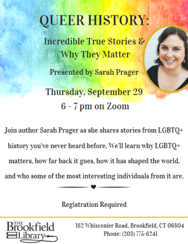 Flyer for Queer History presented by Sarah Prager