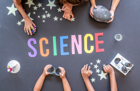 Science, kids hands, microscope
