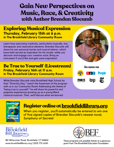 Two programs with Brendan Slocumb: Exploring Musical Expression and Be True to Yourself are advertised on a flyer with a photo of Mr. Slocumb.