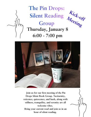 Pin drops silent book group flyer