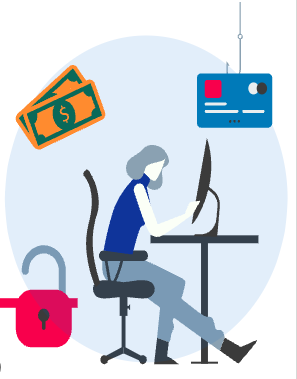 Woman at desk, lock, money