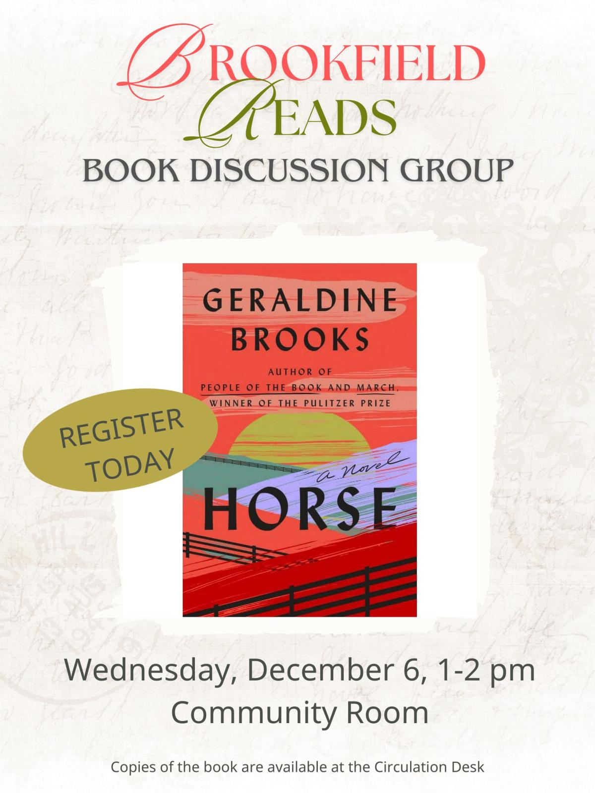 Publicity flyer for Brookfield Reads featuring Geraldine Brooks' Horse book cover