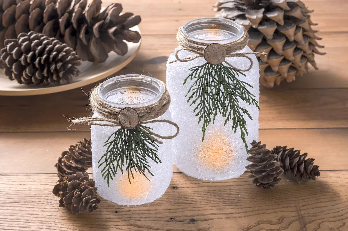 Holiday decorated mason jars