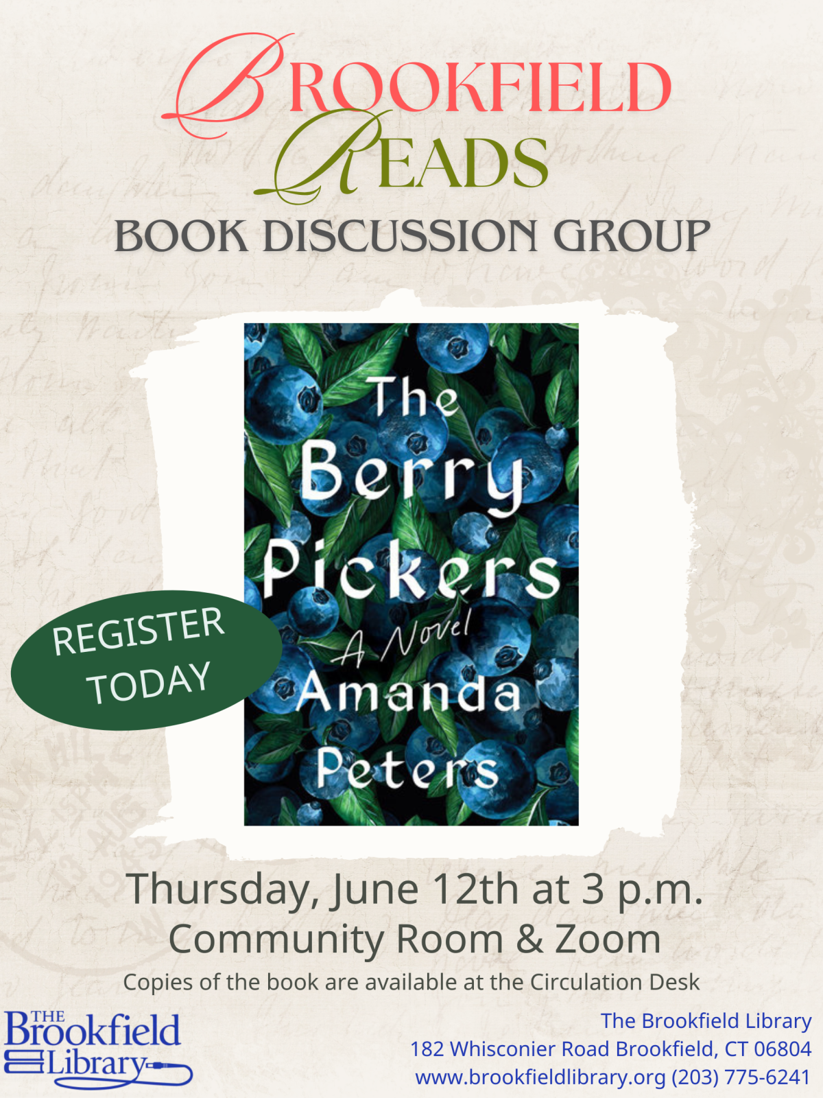 Flyer for Brookfield Reads Book Group