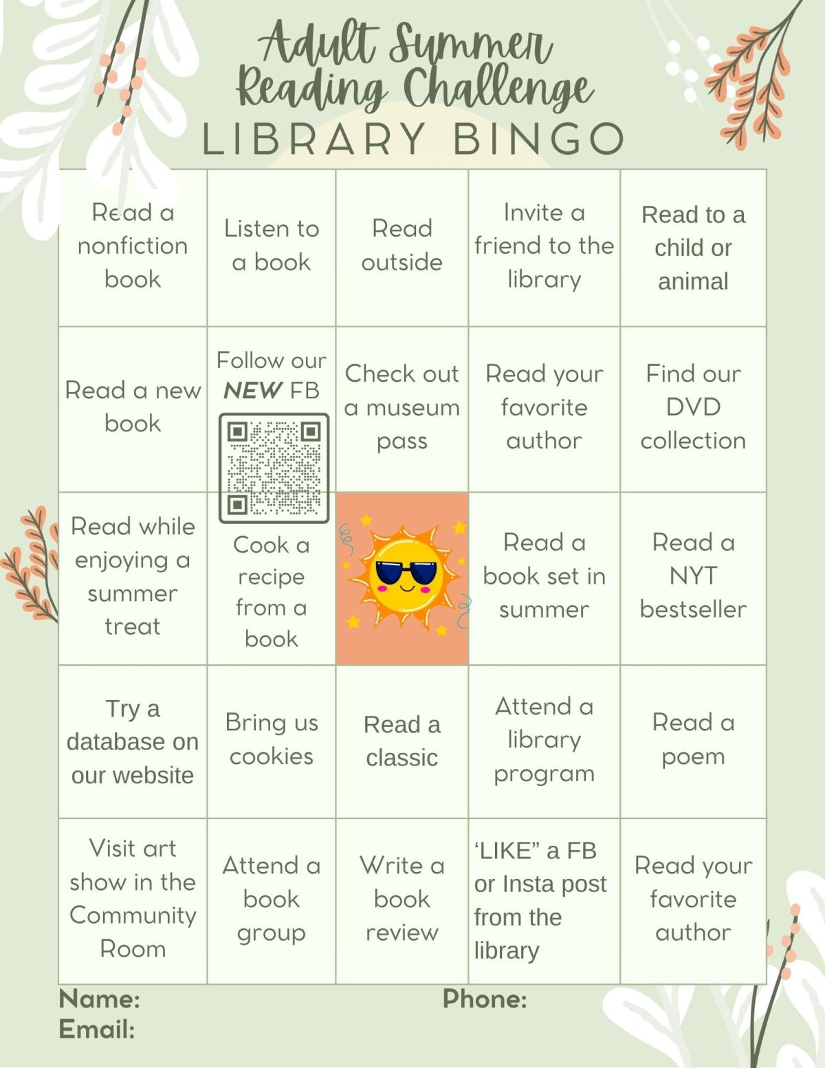 adult summer reading bingo card